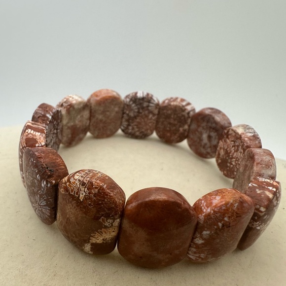 Coral Fossil Agate Beaded Elastic Bracelet - Picture 4 of 11